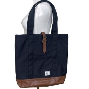 Herschel Supply Co Market Tote Bag Black Canvas Brown Faux Leather Trim Magnetic